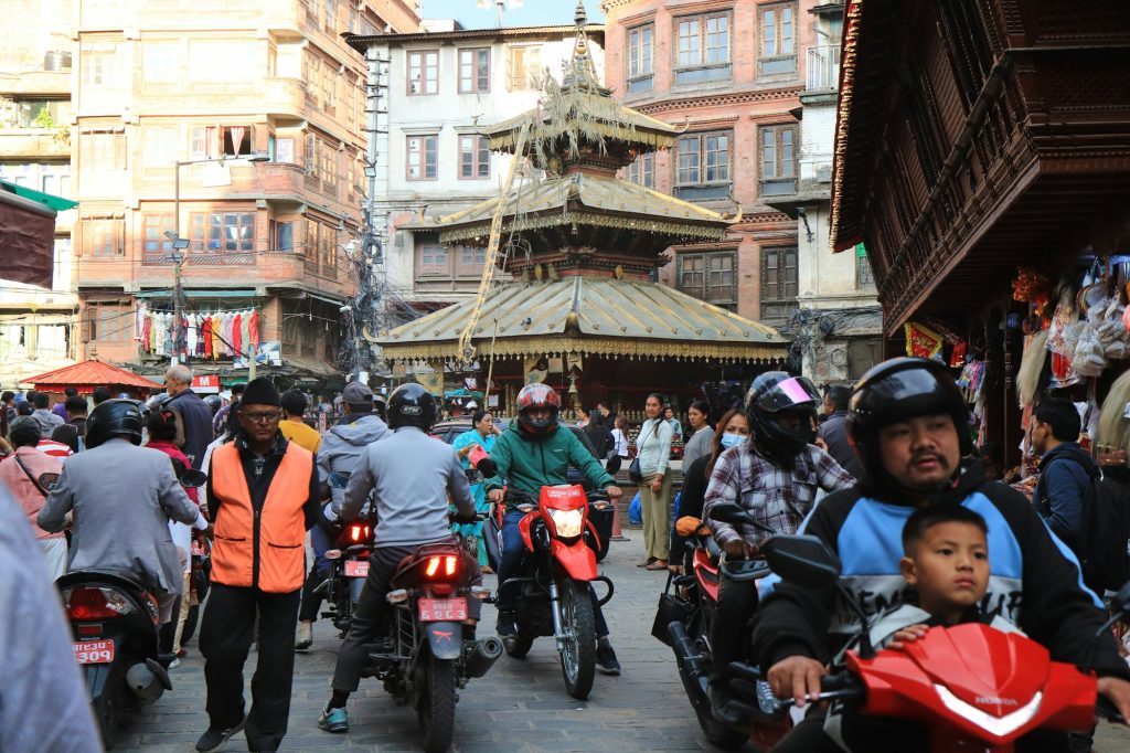 Motorbikes in a busy Kathmandu street