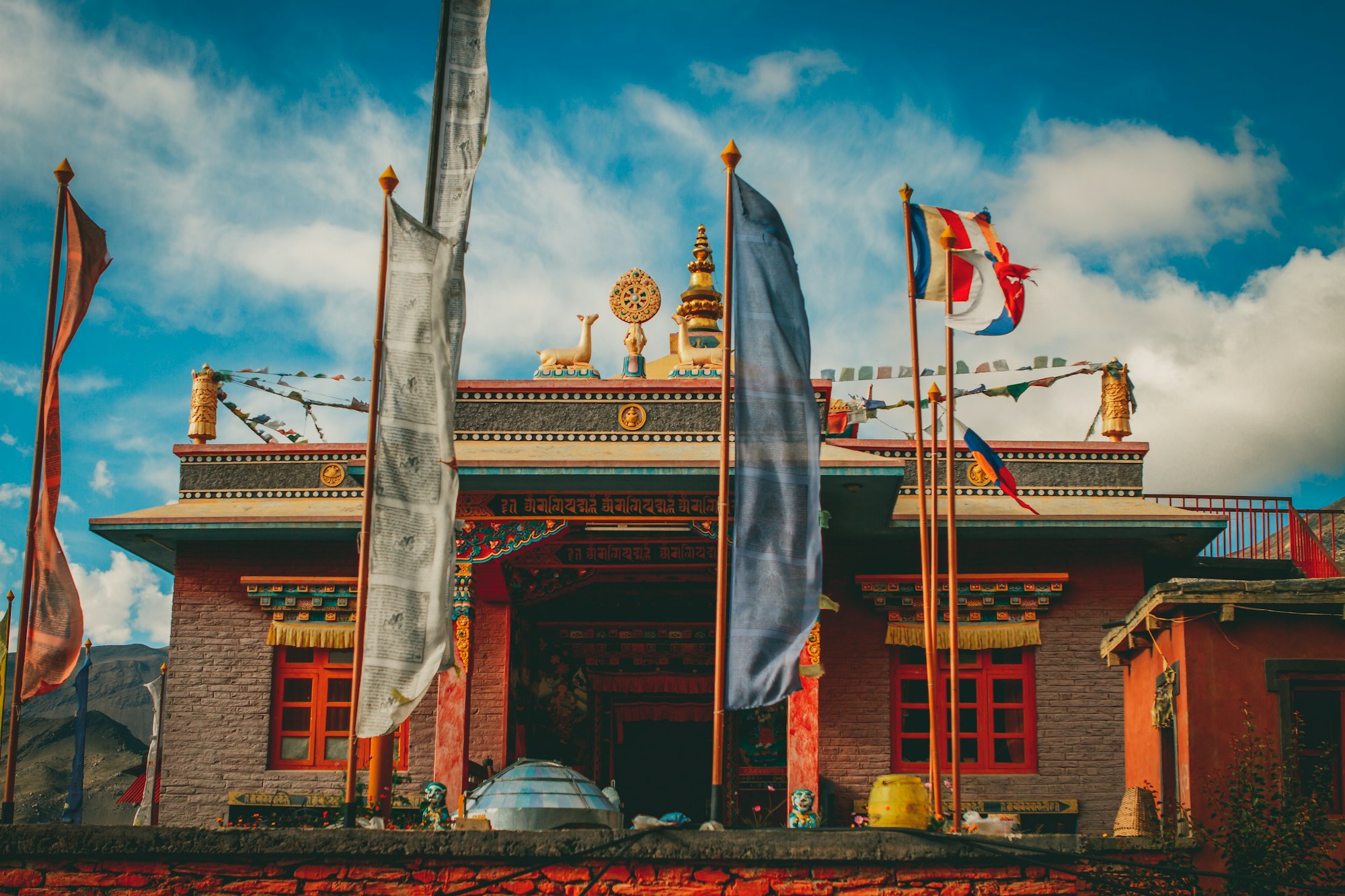 Buddhist monastery with prayer flags in Mustang