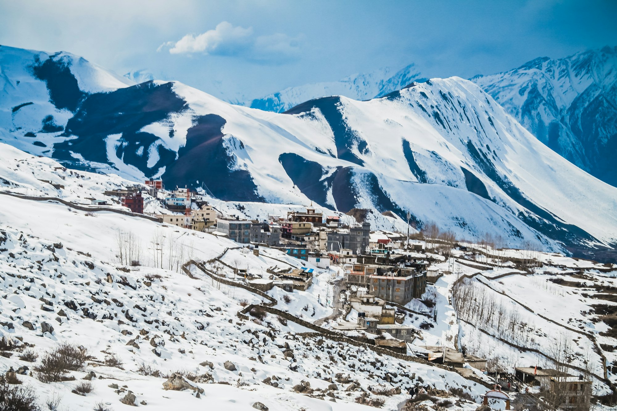 Snow-covered houses in Mustang in winter