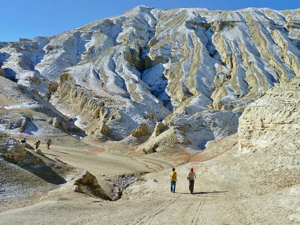 Travellers walking through the high desert of Upper Mustang